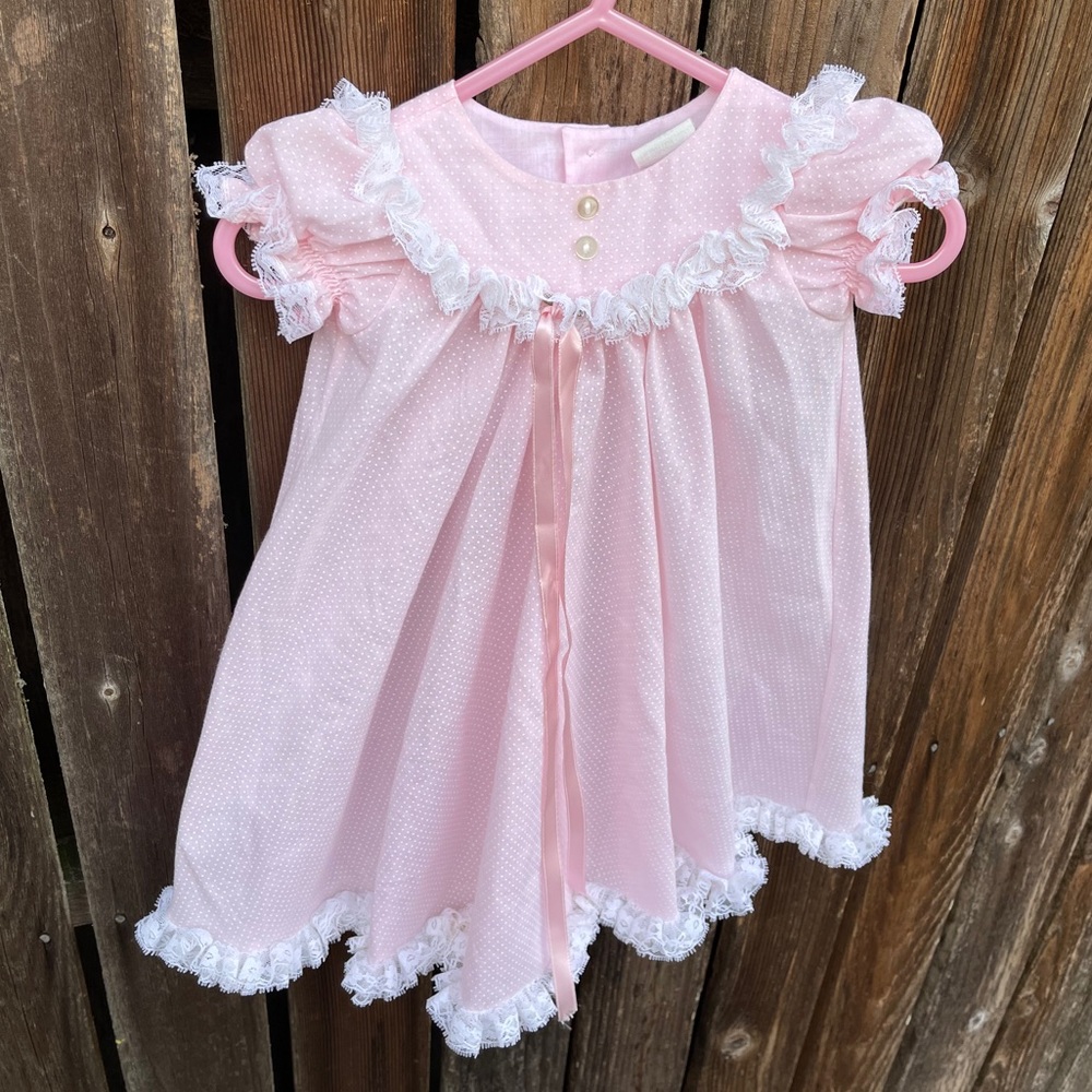 Vintage Layette Dress Pink Polka Dots Long Lace